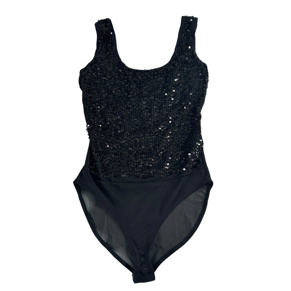 BERSHKA Bodysuit Women Size S Black Sleeveless Sheer Sleeveless Beaded Sequin‎